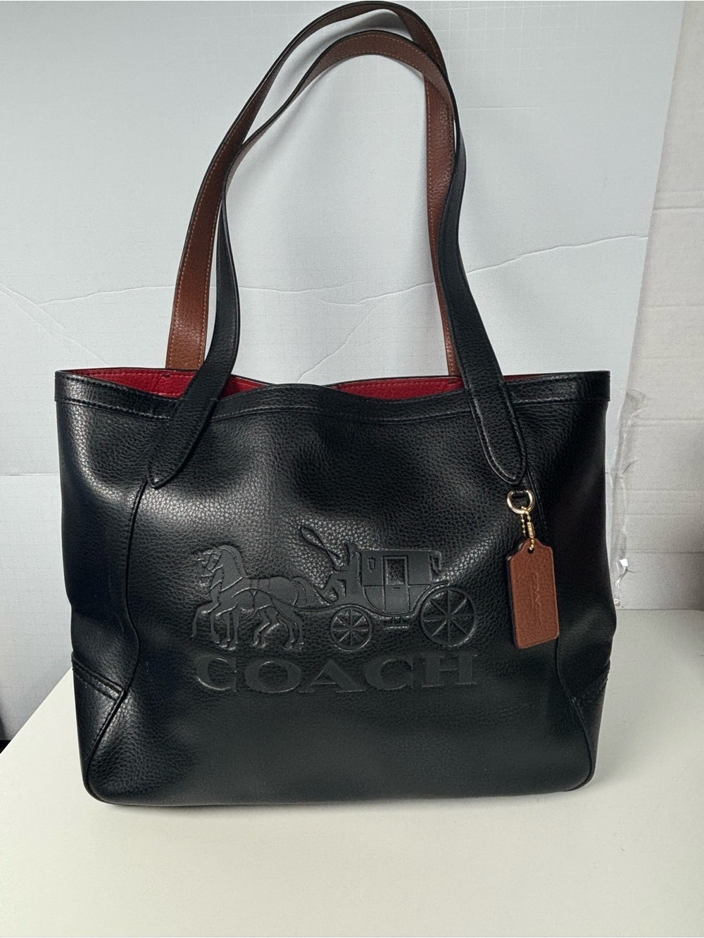 Coach Black Redwood Pebble Leather Horse & Carriage Debossed Tote C4063